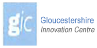 A blue and white logo for gloucester innovation center.