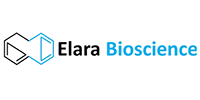 A blue and white logo of elara bioscience.